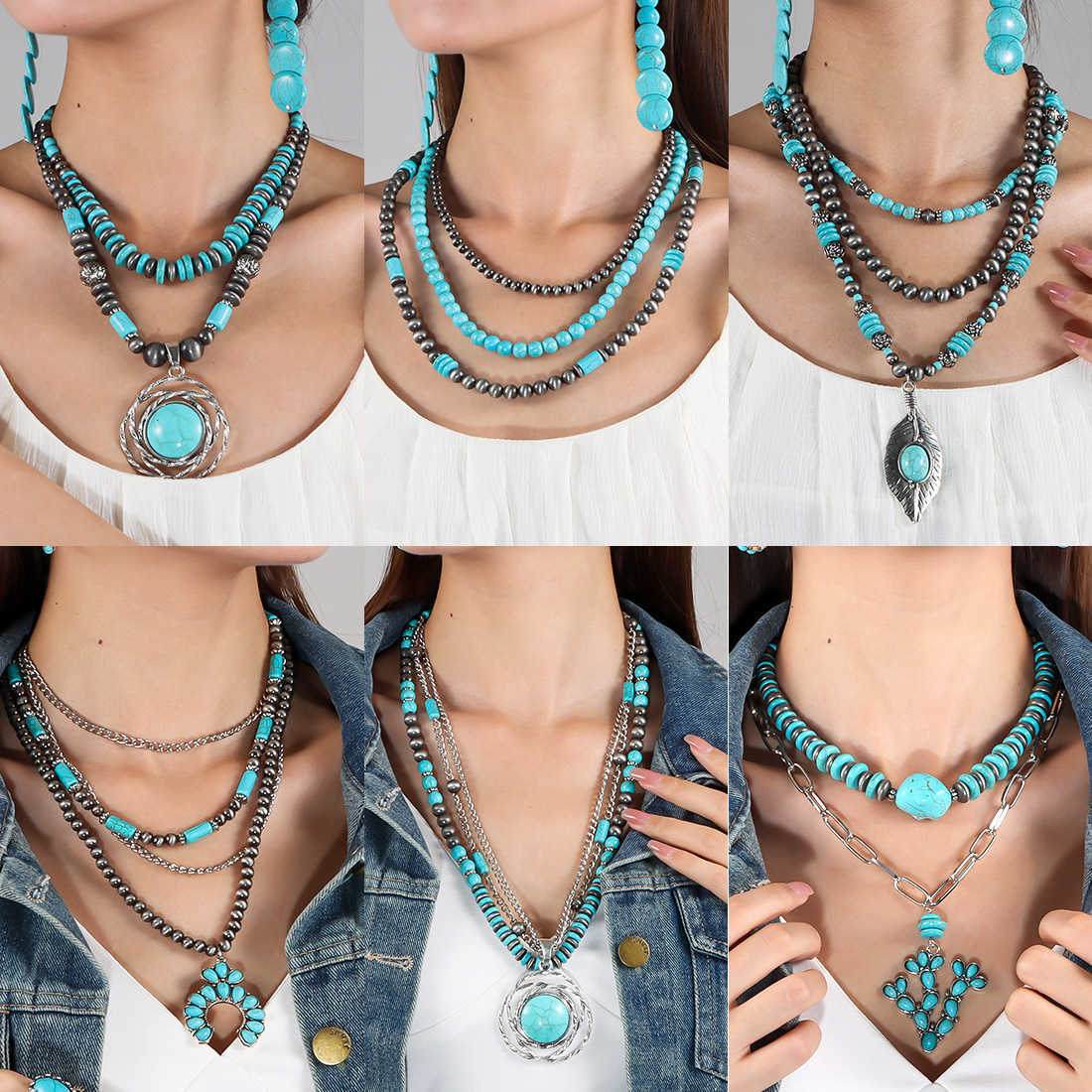 Pendant Necklaces Jewelry turquoise necklace Bohemian style multi-layer layered collarbone chain NK24180 H25219