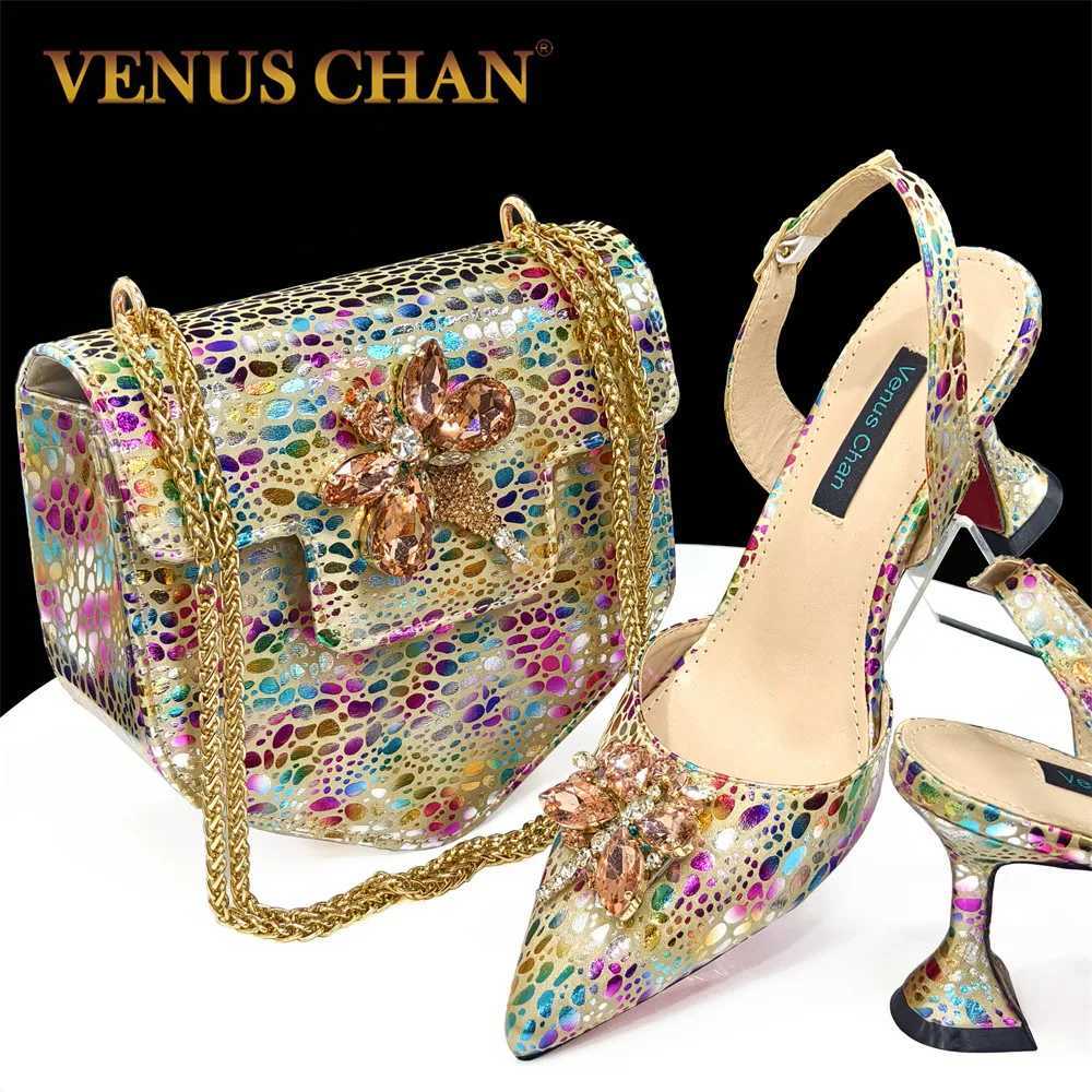 Sandals 2024 Champagne Color Thin Toe Crystal Design Womens Shoes Matching Bag Set Womens Weed Party Pump J250217
