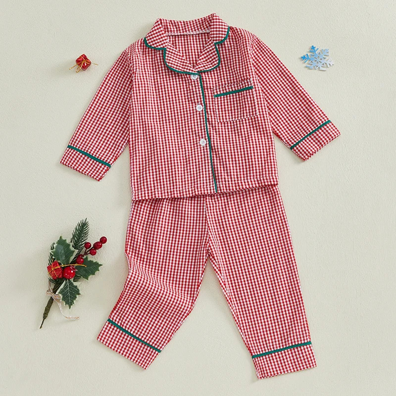 1-4Years Kids Baby Girl Boy Christmas Pajamas Set Autumn Plaid Print Long Sleeve Shirt and Pants 2Pieces Set Toddler Sleepwear 250220