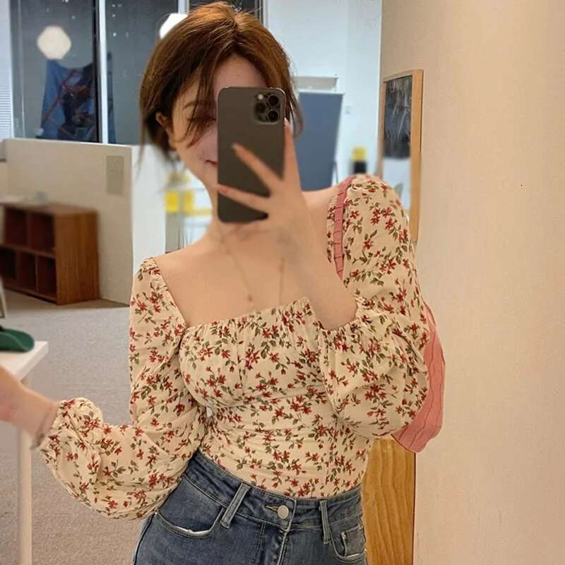 Blouses Women Slim Ral Print Lantern Sleeve Elegant Female Temperament Schoolgirls Spring All-Match Leisure Holiday Clothes
