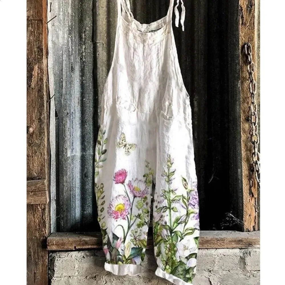 Womens Jumpsuits Summer Overalls Boho Vintage Print Square Neck Sleeveless Casual Rompers Pockets Wide-Leg Pants Womens Playsuit 250220