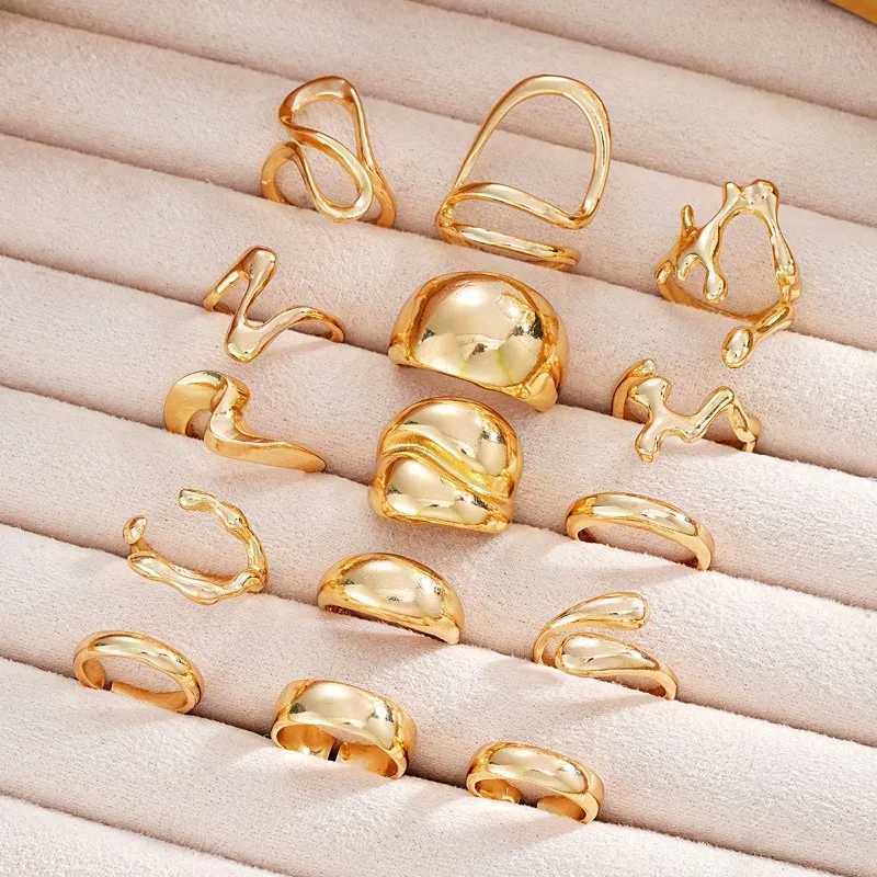 New 15 piece set of luxurious vintage split ring jewelry with gold silver lava lines smooth Irregar ring X250220