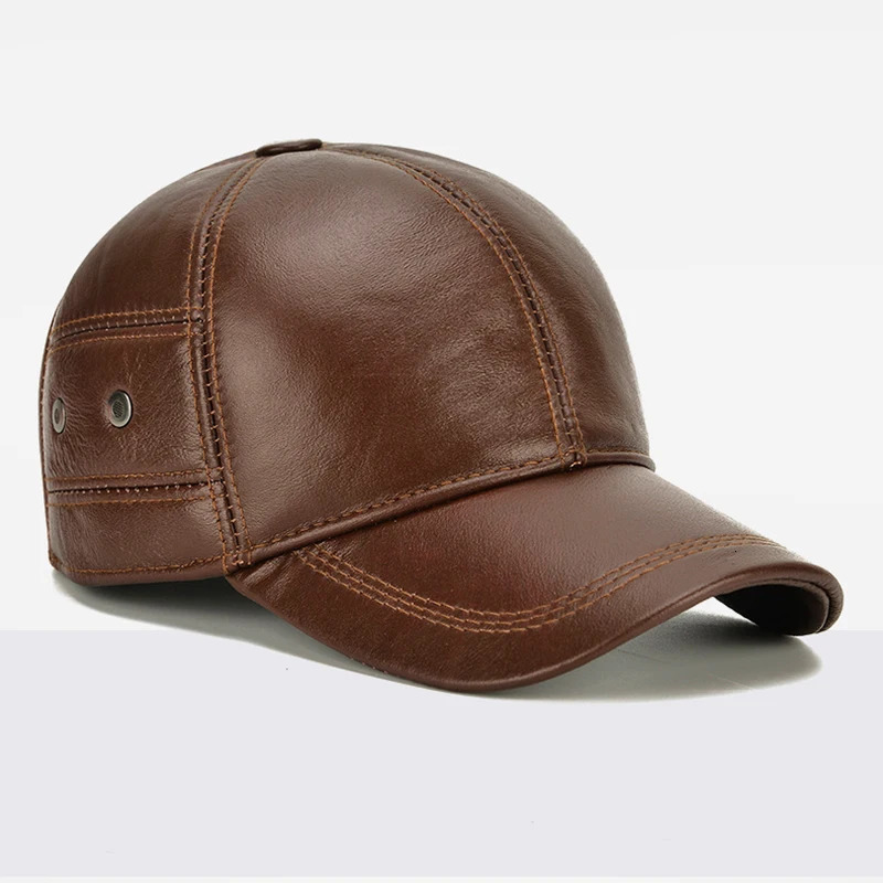 2025 Style Men Cowhide Hat Winter Warm Outdoor Protect Ear Real Leather Adjustable Baseball Cap 250218