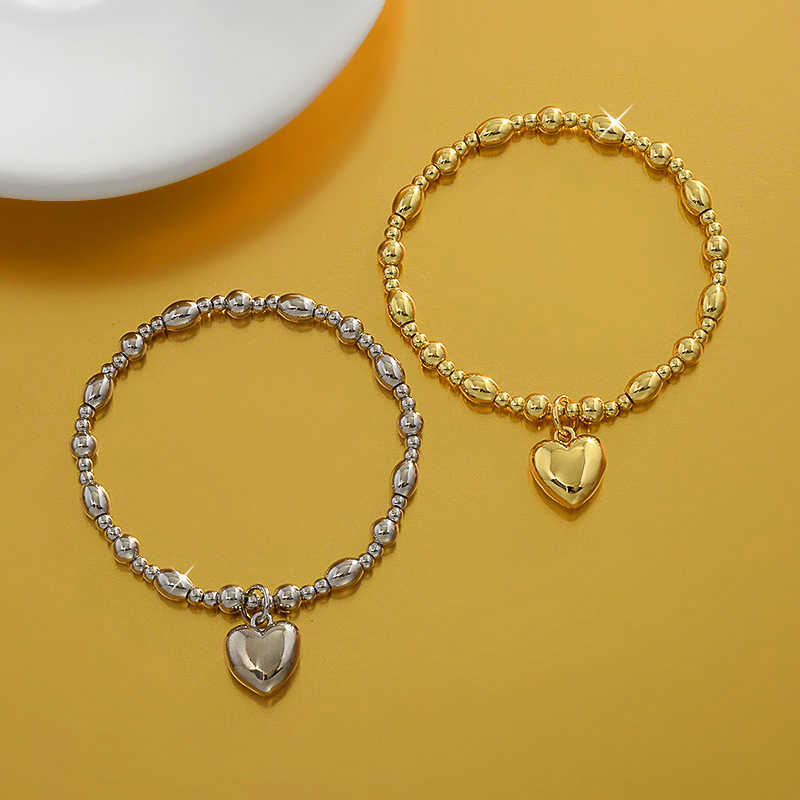 Charm Bracelets Peach Heart Round Bead Bracelet Fashionable Personalized Trendy Handpiece Gold Plated Solid Love Elastic Bracelet H25220