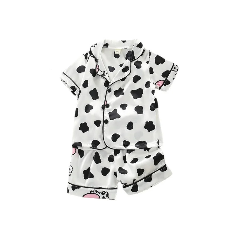 Boys Girls Kids Pajama Sets Cartoon Cow Short Sleeve T-Shirt Tops with Pants Toddler Baby Sleeping Clothes Pijamas Sleepwear 250219