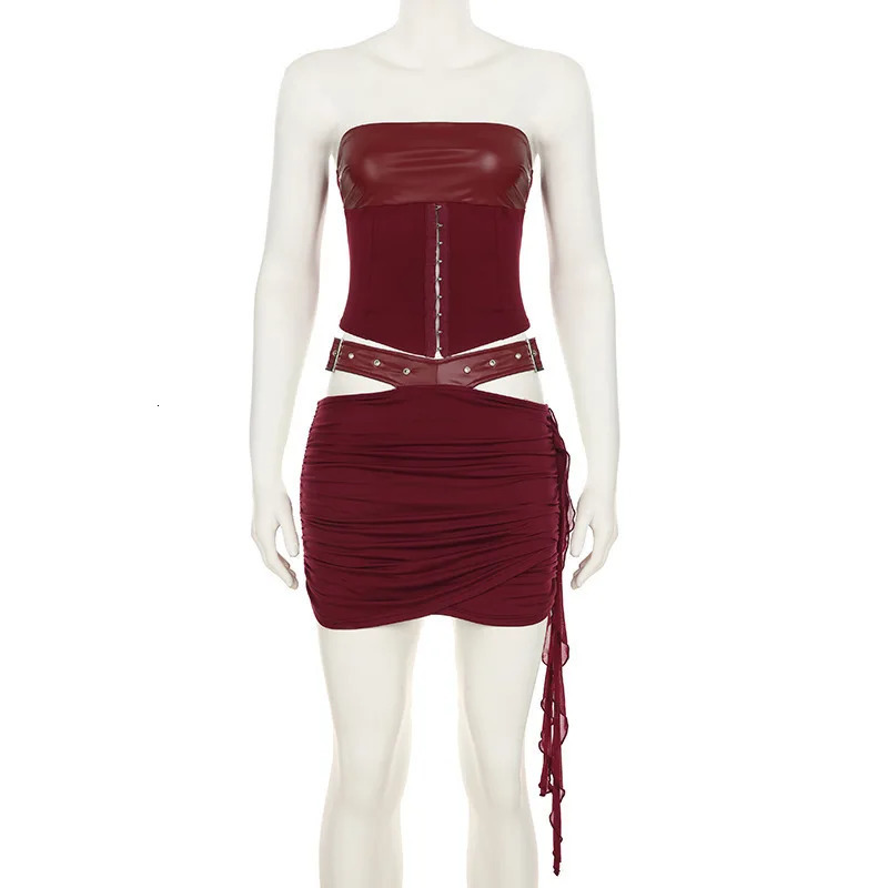 Townlike Sexy Party PU Leather Patchwork Two Piece Set Crop Top And Skirts 2 Pieces Sets Women Spring Summer Outfits 250220
