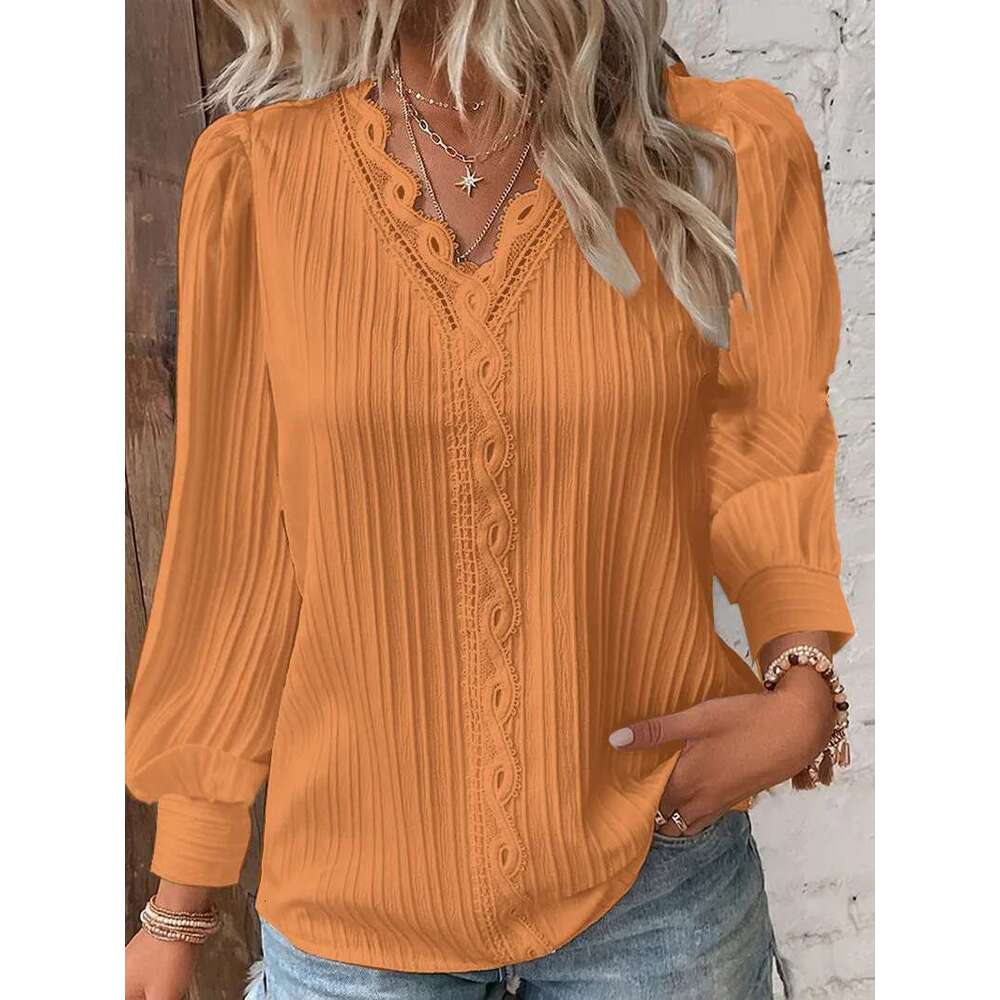 Elegant Summer Hollow Patchwork Women Chic Blouse V Neck Long Sleeve Shirt Plain Lace Casual Basic Regular Tops