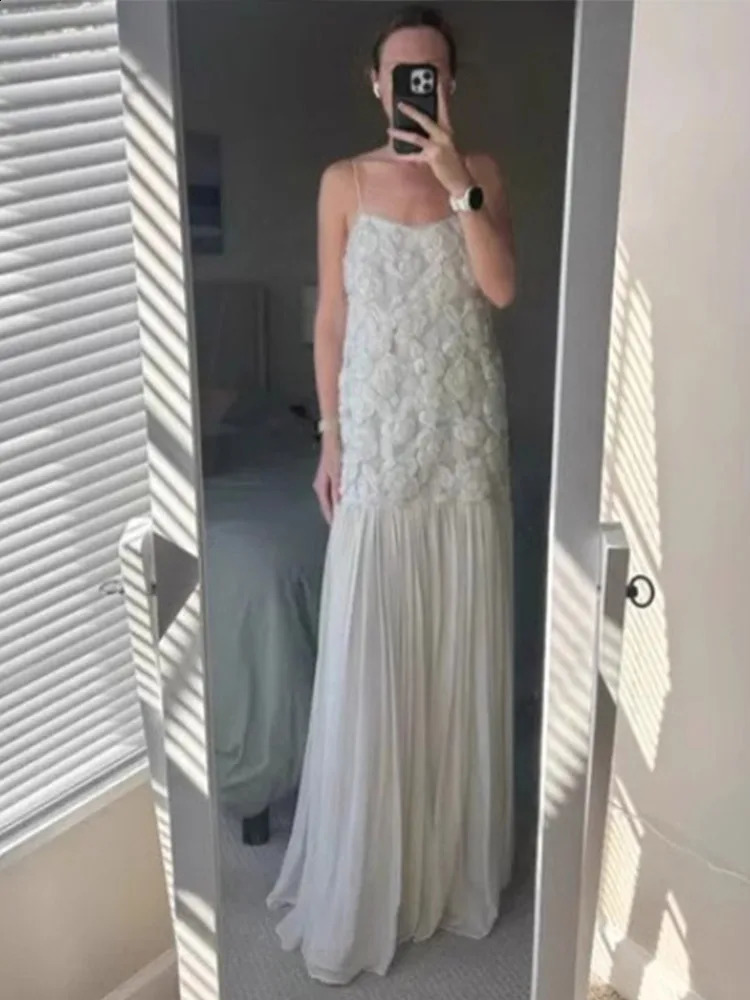 Elegant 3D Flower Party Dres Sling Backless Hip Package Patchwork Pleated Evening Dresses Female 2025 Spring Lady Dress 250220