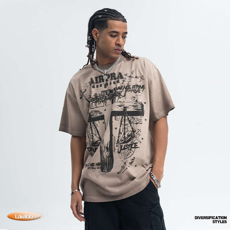 Lawfoo American Trendy Brand Anti Stir Fried Grinding Edge Cross Printed Cotton Short sleeved T-shirt Men's Women's Bottom Top for Autumn an