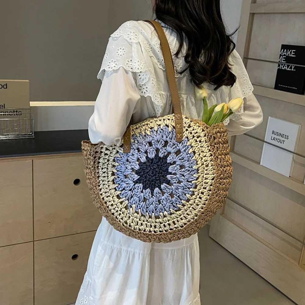 Round grass shoulder bag womens Rafia beach bag vacation crochet handbag large shopping bag womens summer beach bag Z250219