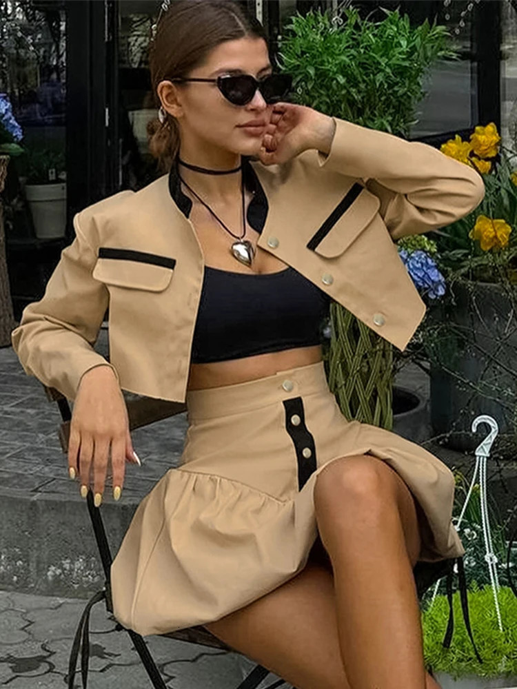 Elegant jacket set for women sexy button up long sleeved jacket pleated high waisted womens skiing suit autumn womens clothing 250220