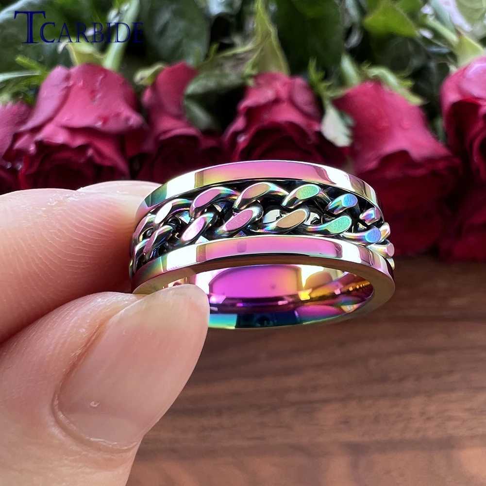 Dropsing 8mm Fantasy Color Stainless Steel Rotating Ring Wens Mens Fashion Jewelry With Chain Inlay Cfort Fit X250220
