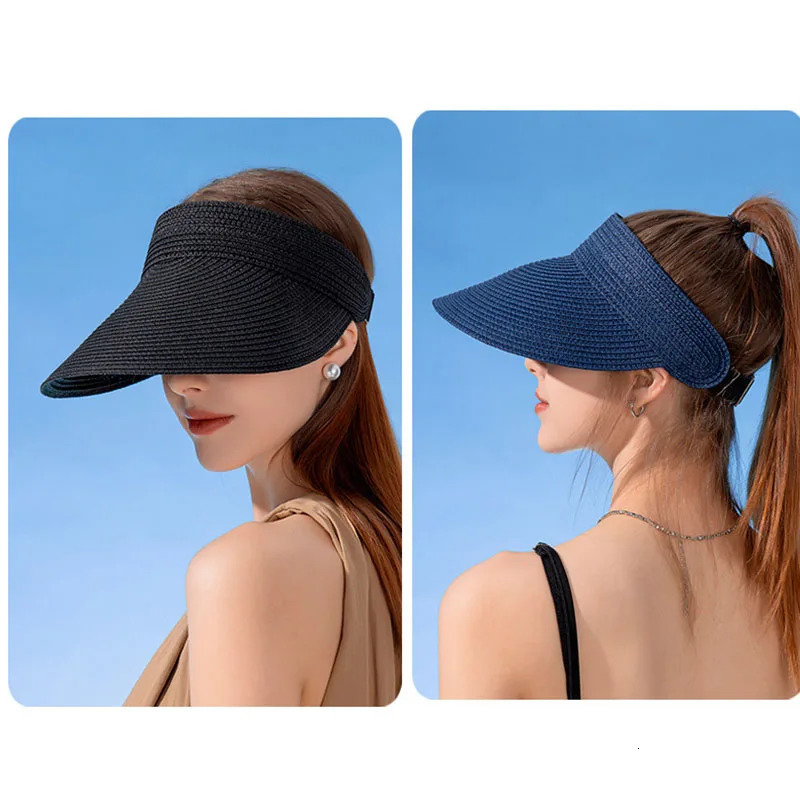 Womens Summer Empty Top Visor Caps Fashion Straw Hats Anti UV Sun Hat For Female Outdoor Long Wide Brim Beach Caps 250219