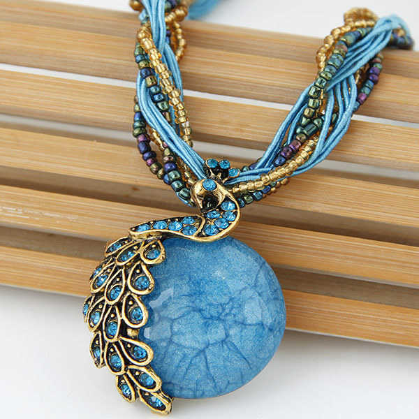 Pendant Necklaces Bohemian style tassel peacock temperament womens rice bead necklace sweater chain H25219