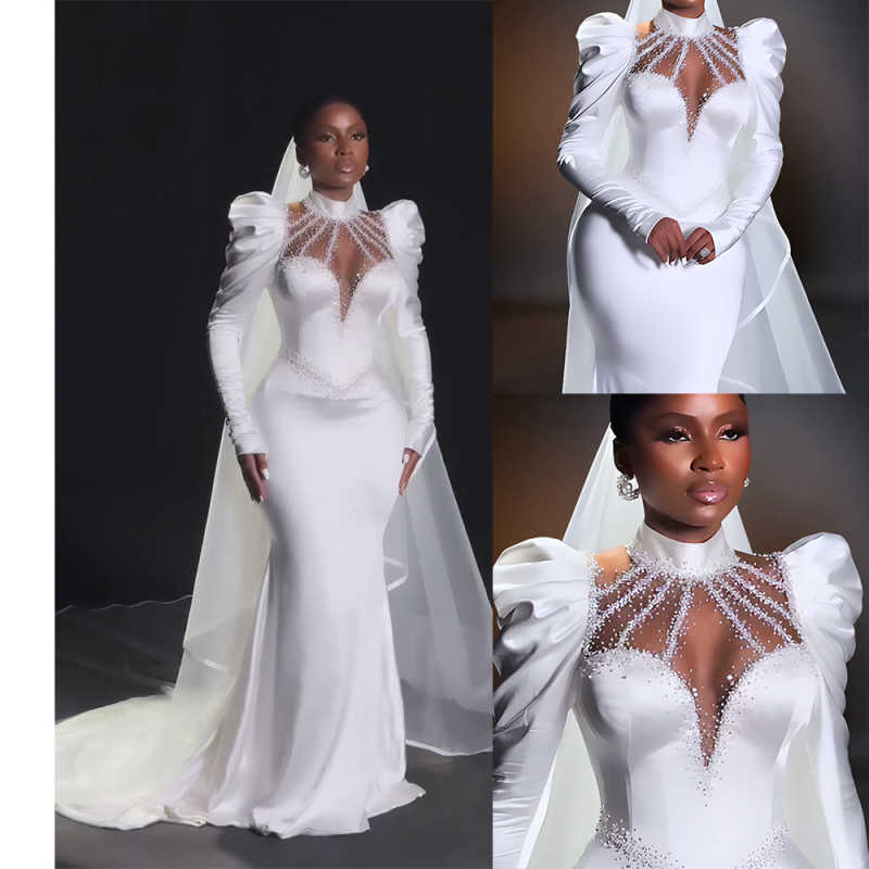 Black Women Mermaid Wedding Dresses High Neck Long Sleeve Appliques Bridal Gowns Dress Customized Beads Vestio De Novia