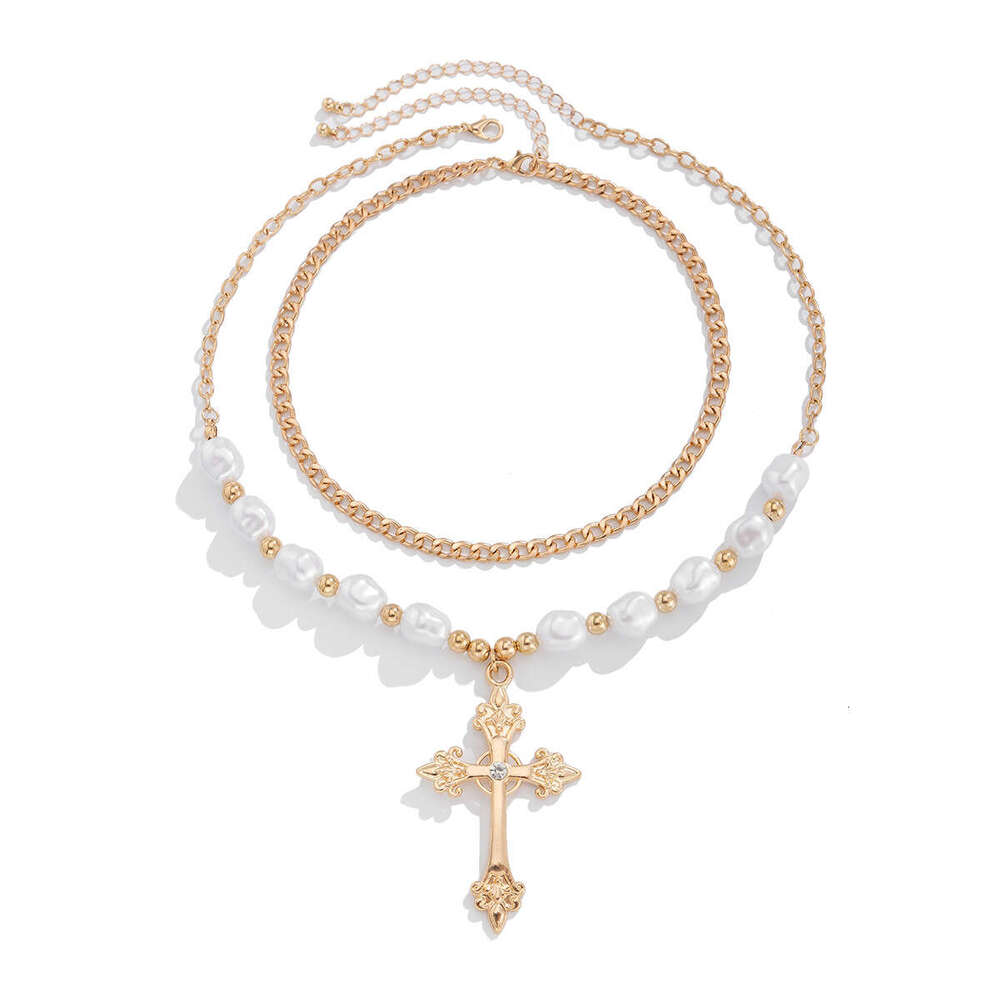 Jewelry fashion cross imitation pearl necklace set, versatile alloy geometric collarbone chain