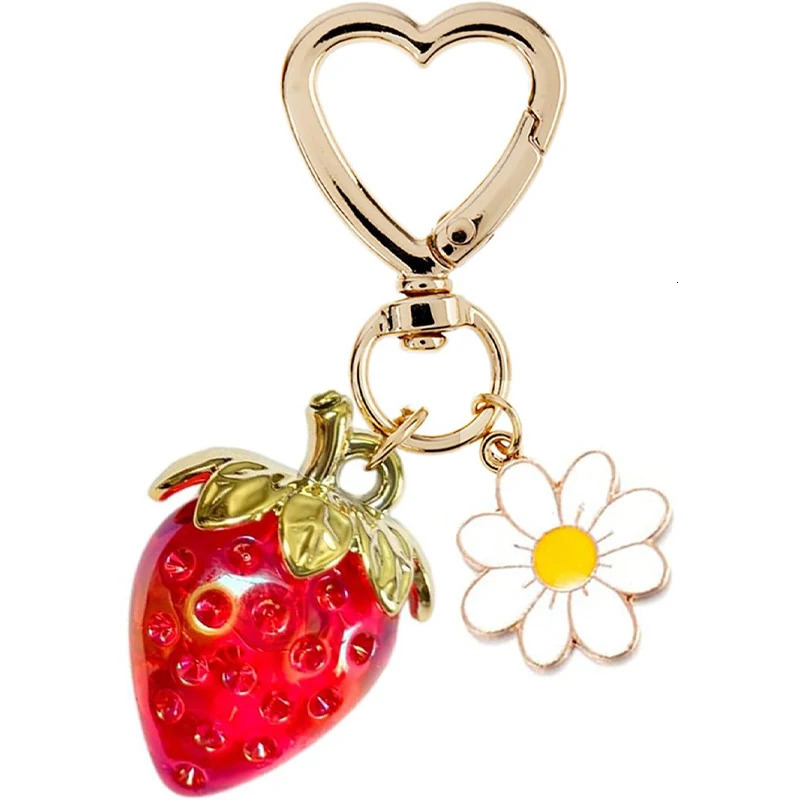 Cute strawberry keychains bag charms heart flower daisy key chains accessories decor for girls purse gift womens gifts accessory 250214