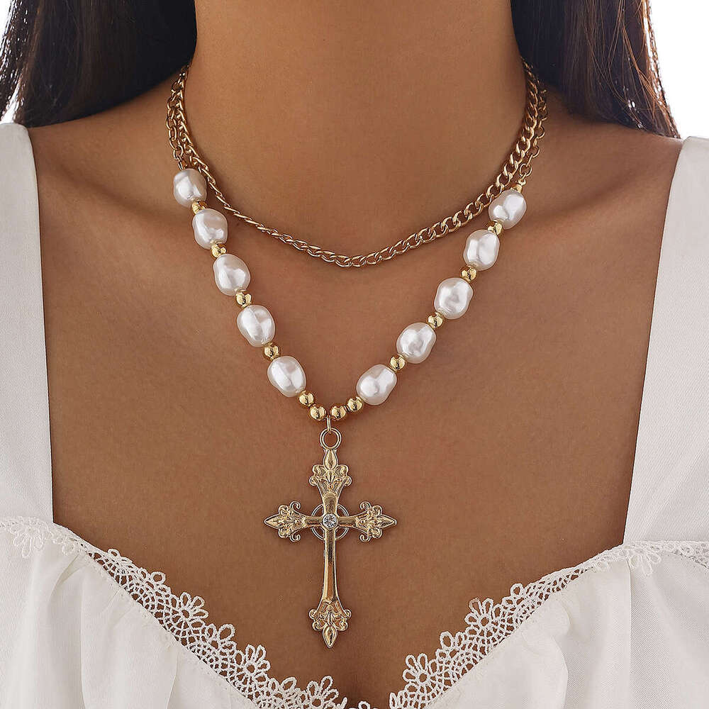 Jewelry fashion cross imitation pearl necklace set, versatile alloy geometric collarbone chain