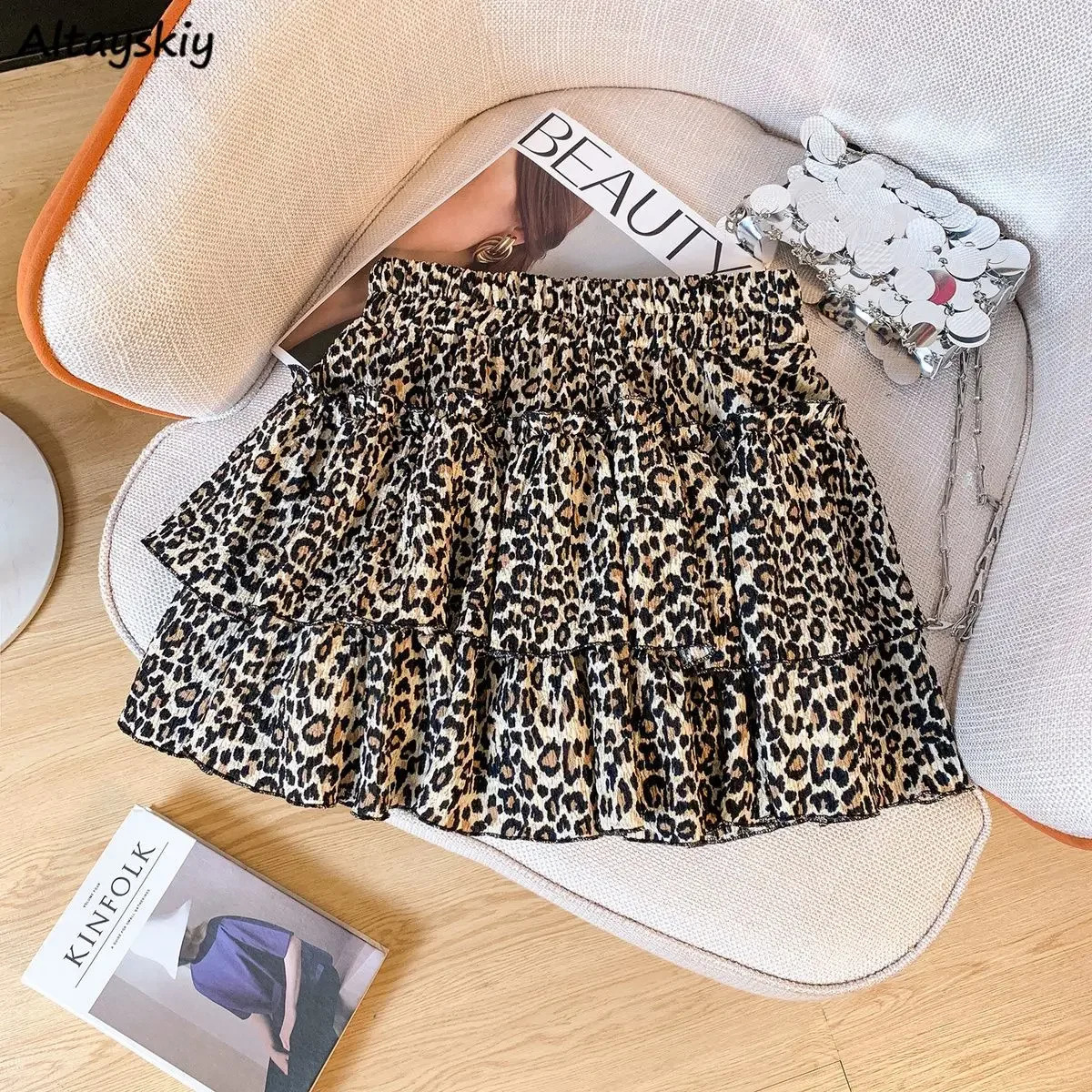 Chiffon Leopard Mini Skirts Women Y2k Retro Summer Elastic Waist Stylish Streetwear Korean Style Temperament Cake Faldas Tender 250219
