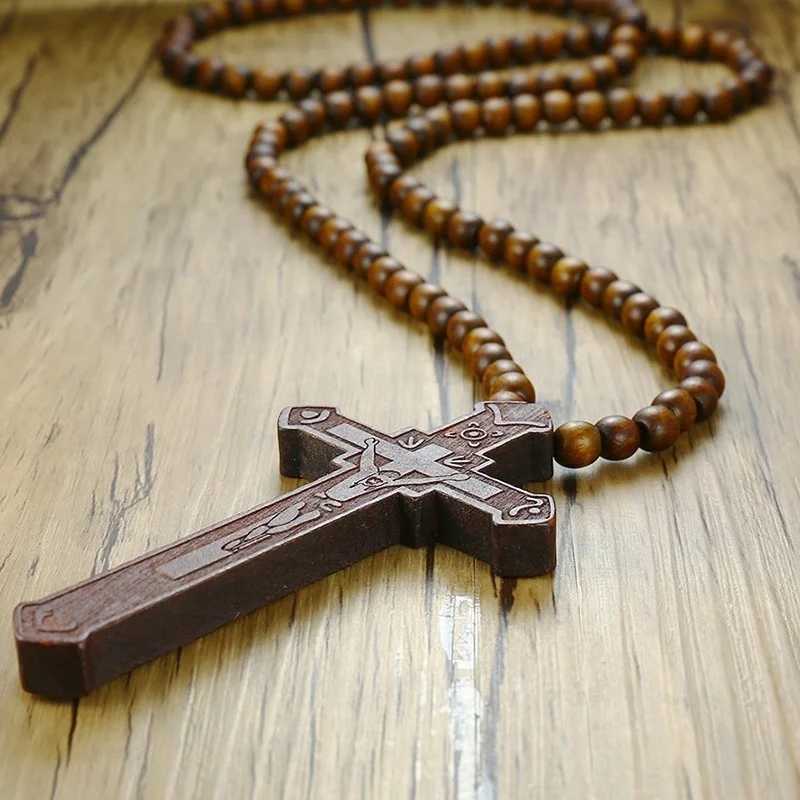 Vnox 36 Long Rosary Necklace Large Wood Jesus Christ Cross Pendant With Wooden Beads Sweater Chain Male Collier Statement JewelXJ250219