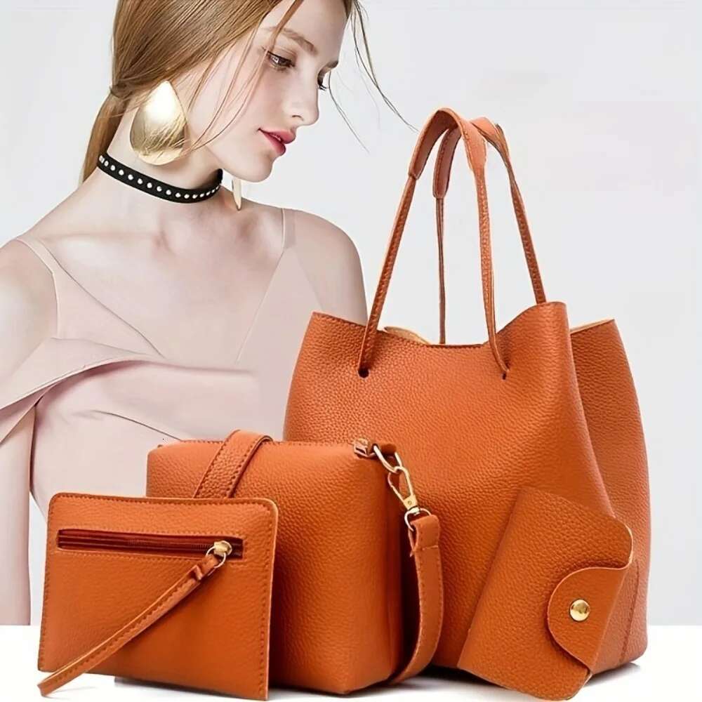 New 4Pc Large Capacity Leather Handbag Solid Color Lychee Texture Shoulder Bucket Bag Purse