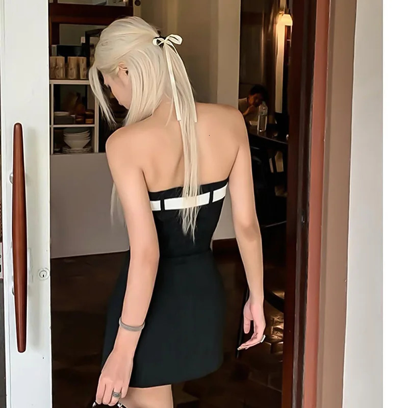 Vintage Sleeveless Off Shoulder Bowknot Tube Tops Strapless Tie Up A-line Short Dress Womens Spring Summer Black Mini Dress 250219