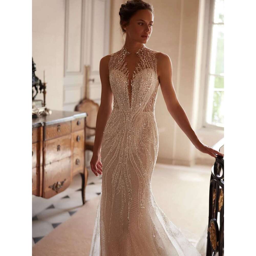 Glitter Sequins Beads Mermaid Long Wedding Dress Sexy Illusion Sleeveless Bridal Gown Customized High Collar Dresses For Bride