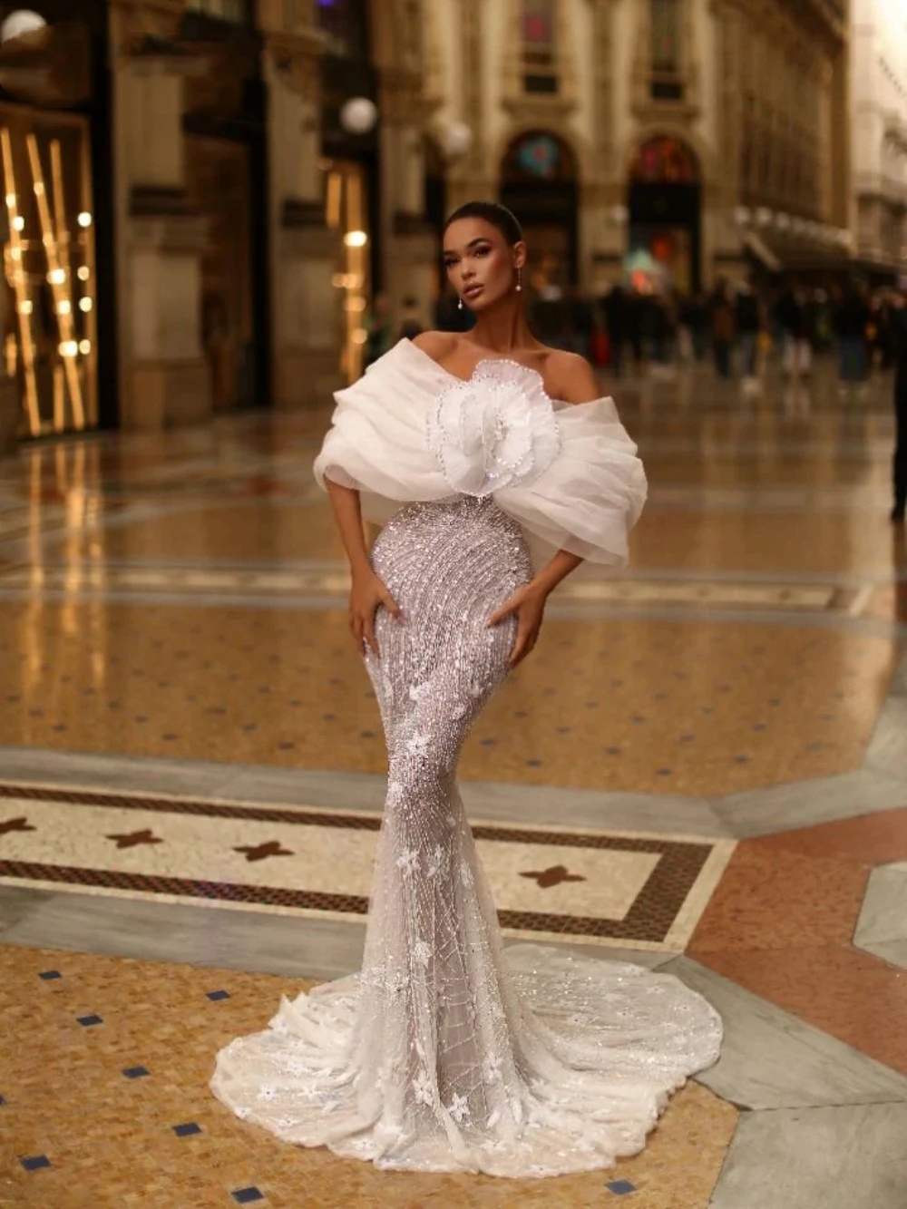 Designer Evening Mermaid Dresses For Women Off Shoulder Sleeveless Gown Sequins Appliques Customized Dress