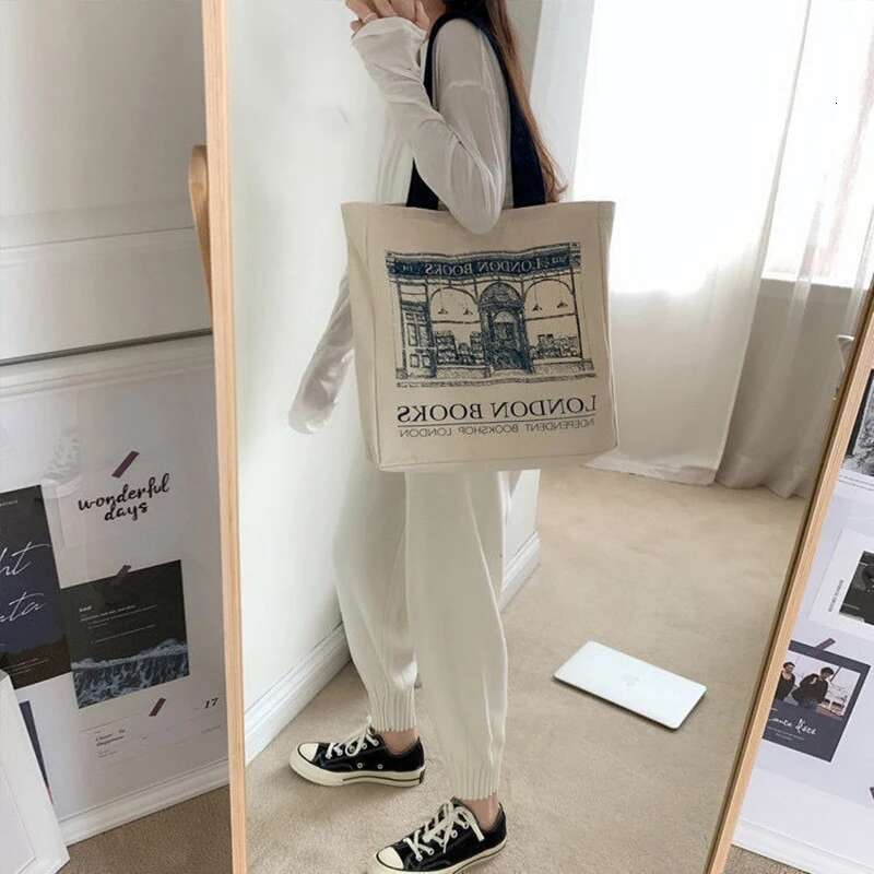 Women Canvas Shoulder London Books Print Ladies Casual Handbag Tote Reusable Large Capacity Cotton Shopping Beach Bag swissmilitary