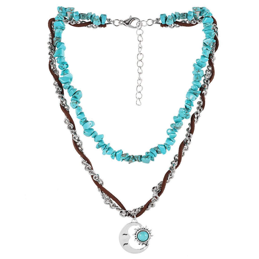 Pendant Necklaces Jewelry ethnic style double-layer layered necklace womens sun and moon inlaid turquoise alloy pendant necklace NK24410 H25219