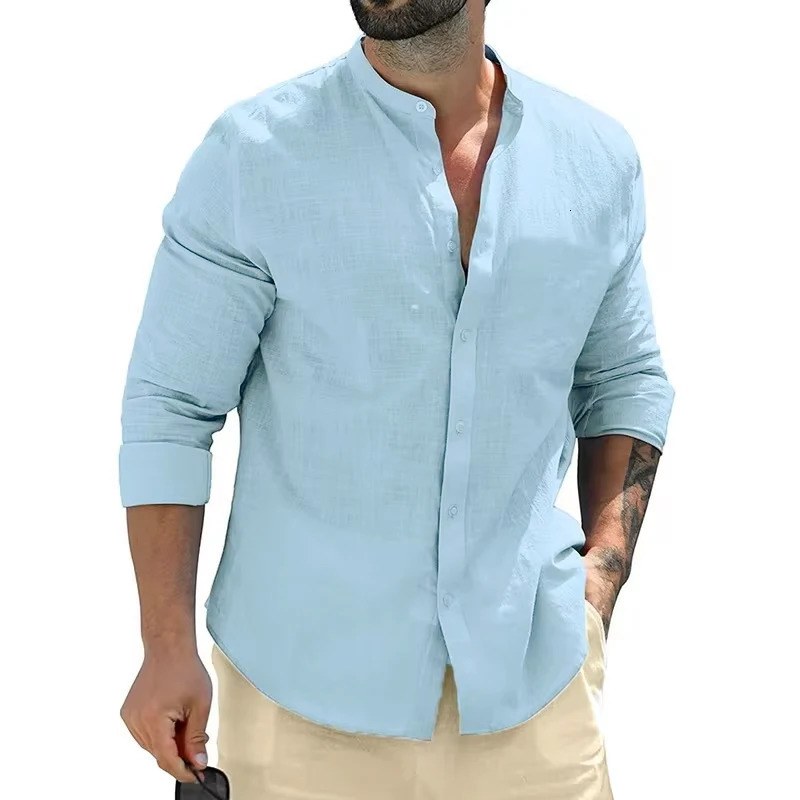Mens cotton long sleeved shirt casual button up collar autumn mens dress business 250220