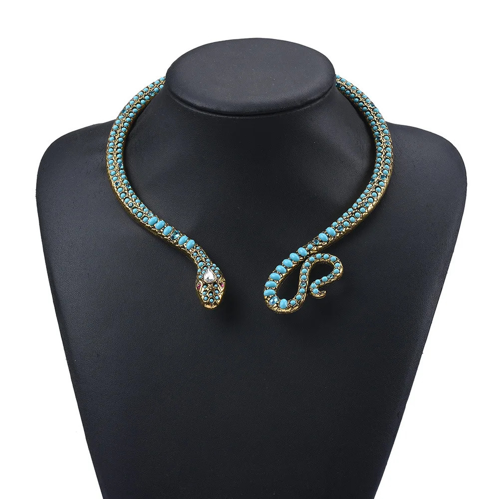 Horde Jewelry Retro Egyptian Gorgeous Sexy Necklace Wild Snake Water Diamond Blue Turquoise Snake Necklace Womens Necklace 250220