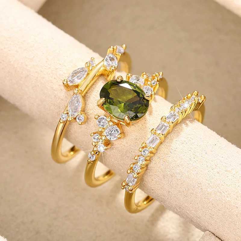 Huitan Gorgeous 3Pcs Set Wen Rings Olive Green Cubic Zirconia Luxury Gold Color Wedding Rings Anniversary Party Trendy Jewelry X250220