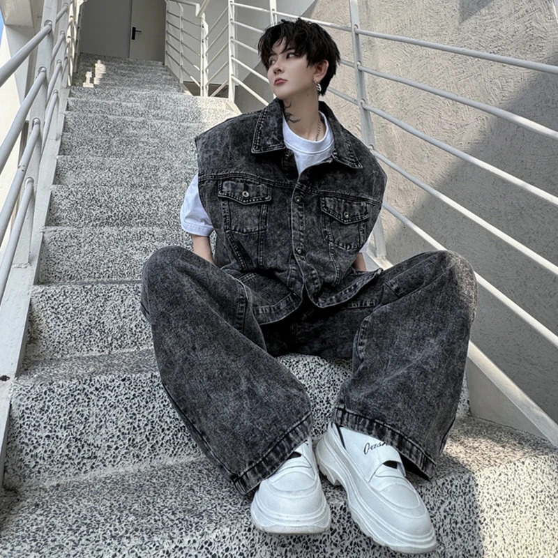 PFNW Two-piece Men Suit Washed Snowflake Pattern Round Hem Denim Vest High Street Jeans Male Set Spring Stylish 28W3286 250220