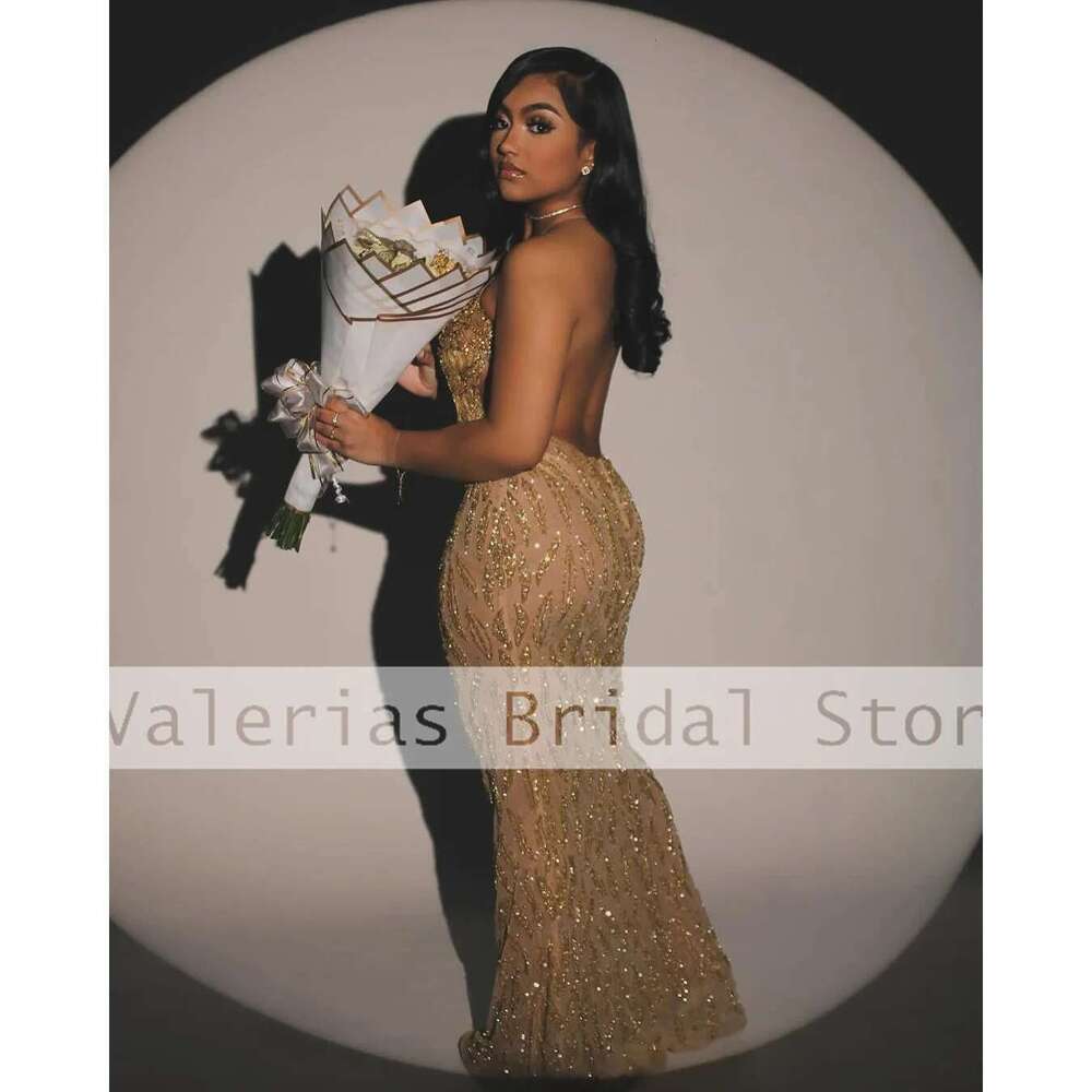 Worship golden dress with beads sequins without backrest illusion sexy birthday party prom dance dresses custom 2025