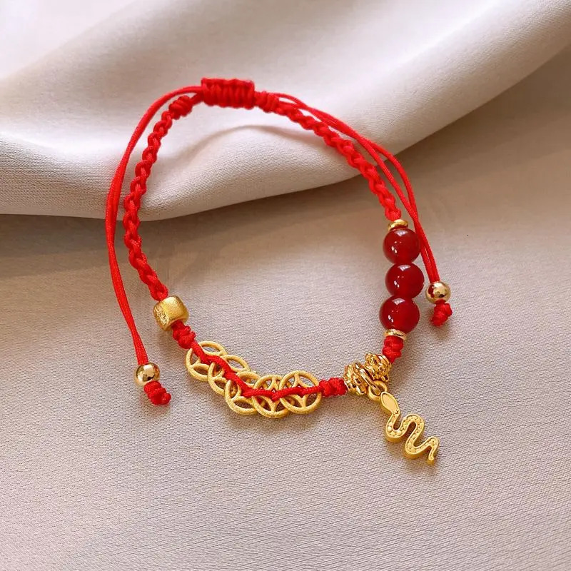 Year of The Snake Zodiac Benmingnian Red Rope Bracelets Womens Golden Copper Money Gold Ingot Red Woven Hand Rope Gifts 250220