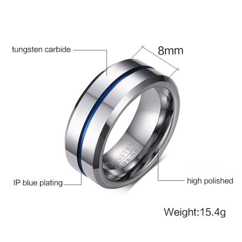 Somen Fashion 8MM Blue Line Polished Tungsten Carbide Ring Simple Style Wedding Bands Party Ring for Men Jewelry bague anillos 250213