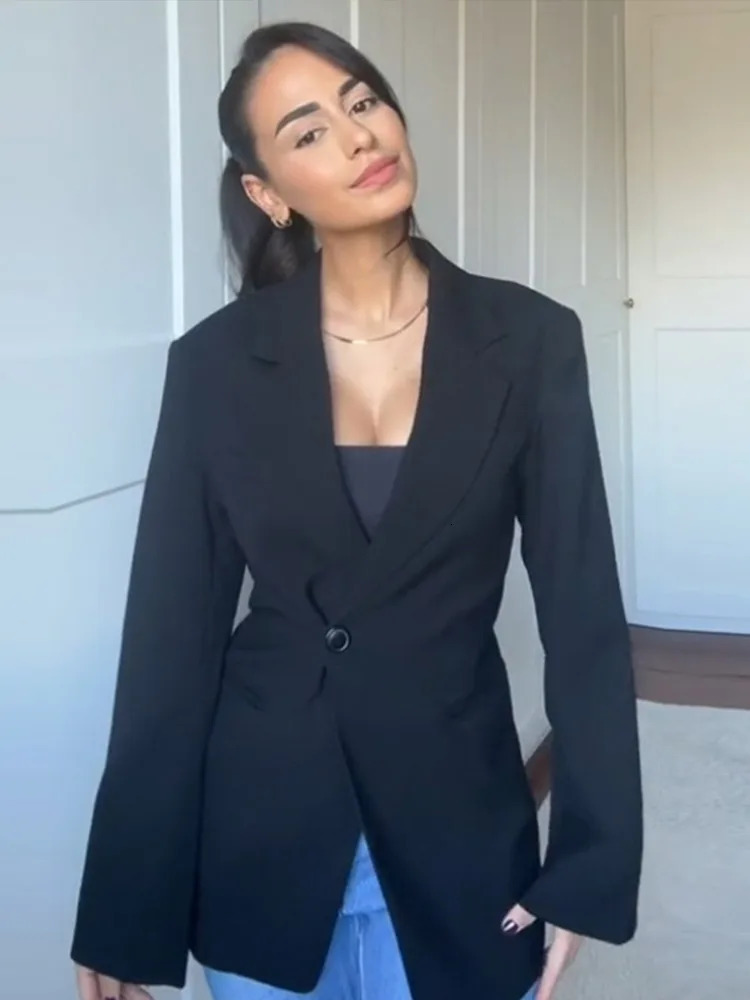 Spring Elegant Solid Womens Blazers Lapel One Button Shoulder Pads Long Sleeve Jacket Slim Office Lady Commute Streetwear 250213
