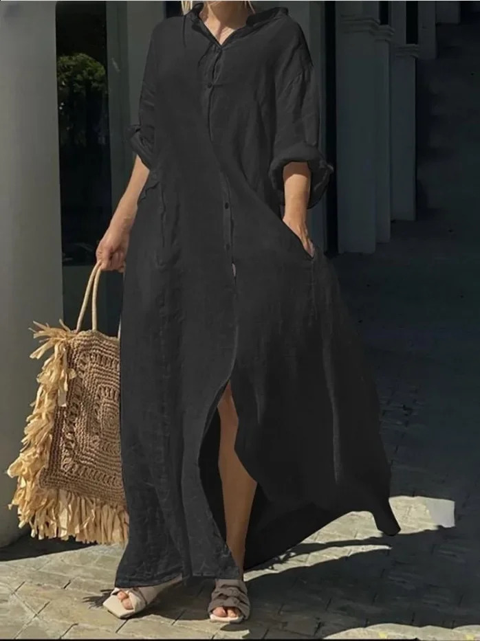 Spring Cotton Linen Oversize Women Dress Long White Button Loose Dresses Female Casual Trendy Elegant Ladies Clothes 250220
