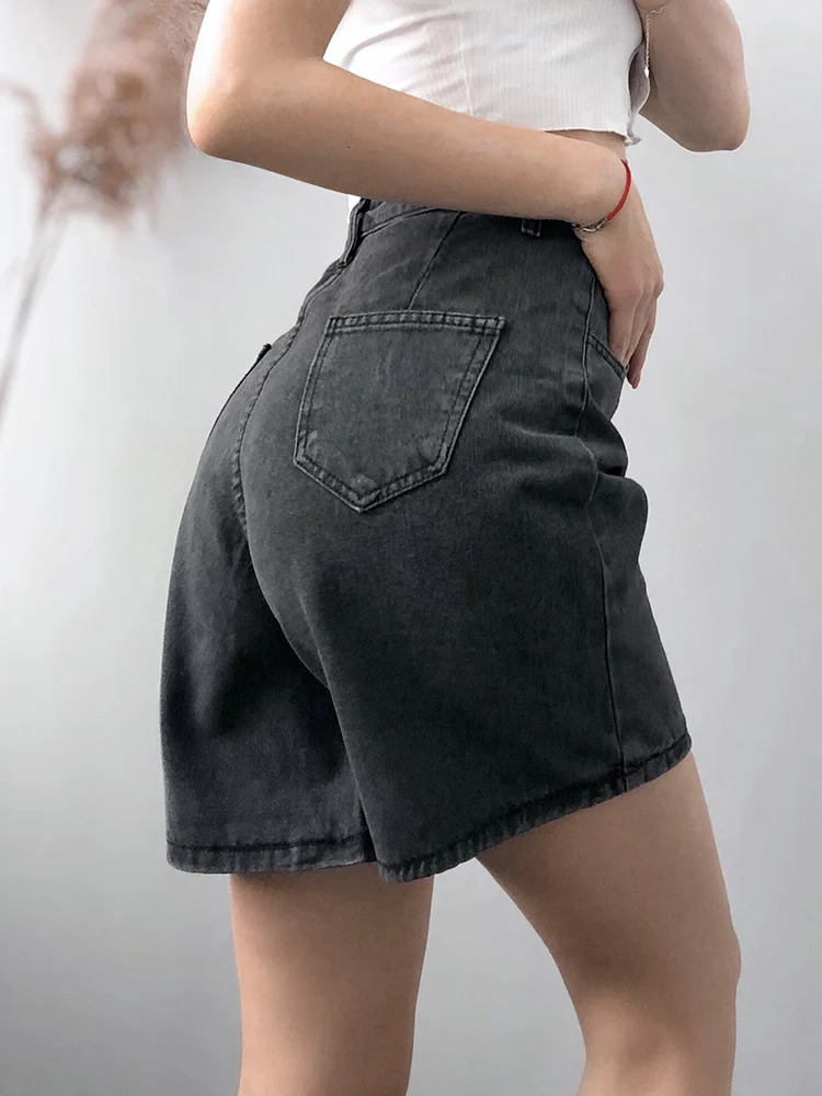 FTLZZ Summer Women High Waist Button Wigh Leg Jeans Shorts Casual Female Loose Fit Blue Denim Shorts 250219