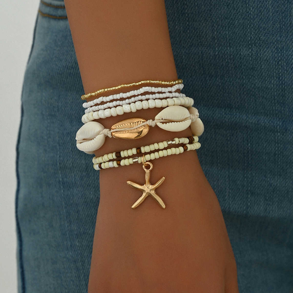 Charm Bracelets Bohemian Beach Style Bracelet Set Summer Dopamine Sea Star Rice Bead Shell Hand Rope Six Piece Set for Women H25220
