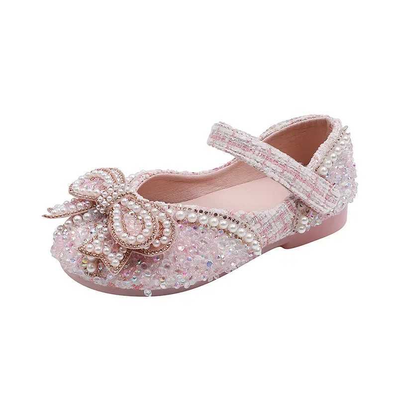 Girls Shoes Bling Single Shoes for Stage Performance Mary Janes Bow Crystal Glitter Wedding Flats Party Leather Shoes New X250220