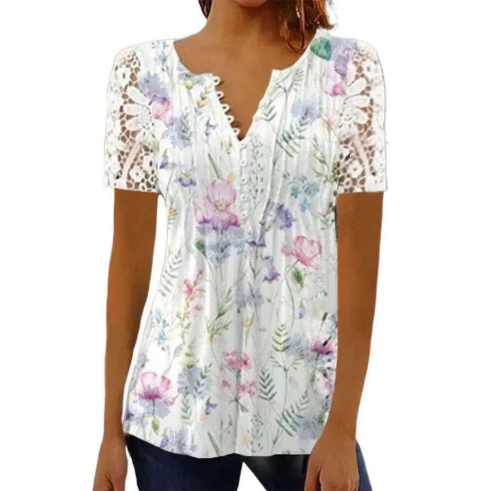 Summer Spring New Women's Loose And Comfortable Casual Lace V Neck Printed Blouse Ral Short Sleeve Elegant Fashion Shirt