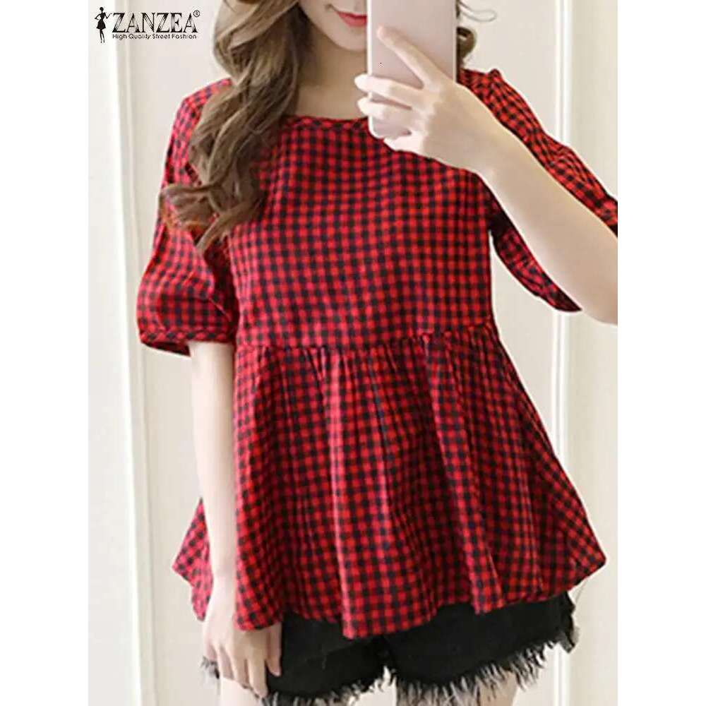 ZANZEA Casual Patchwork A-E Tunic Oversized Vintage Pleated Top Summer 2024 Tops Lady Loose O-Neck Blusa Women Plaid Blouse
