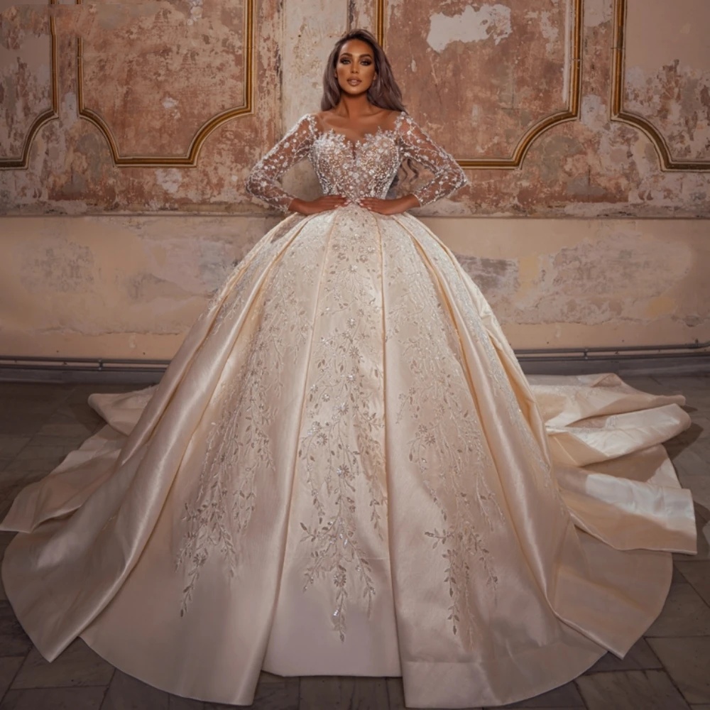 Gorgeous Ball Gown Wedding Dress For Women Sheer Neck Long Sleeves Bridal Gowns Appliques Sequins Sweep Train Dresses Custom Made vestidos de novia