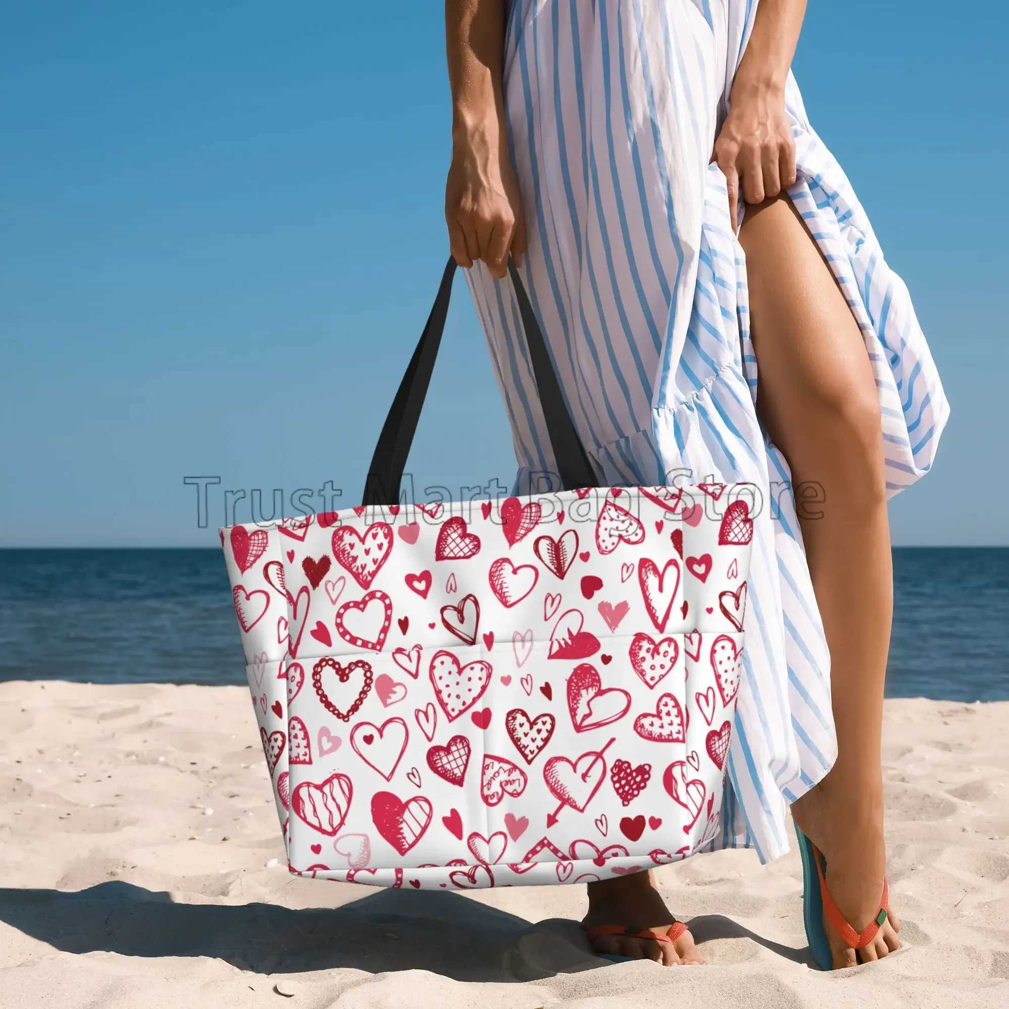Large waterproof beach bag pink heart-shaped cute beach handbag with zipper suitable for womens travel vacation swimming Z250219
