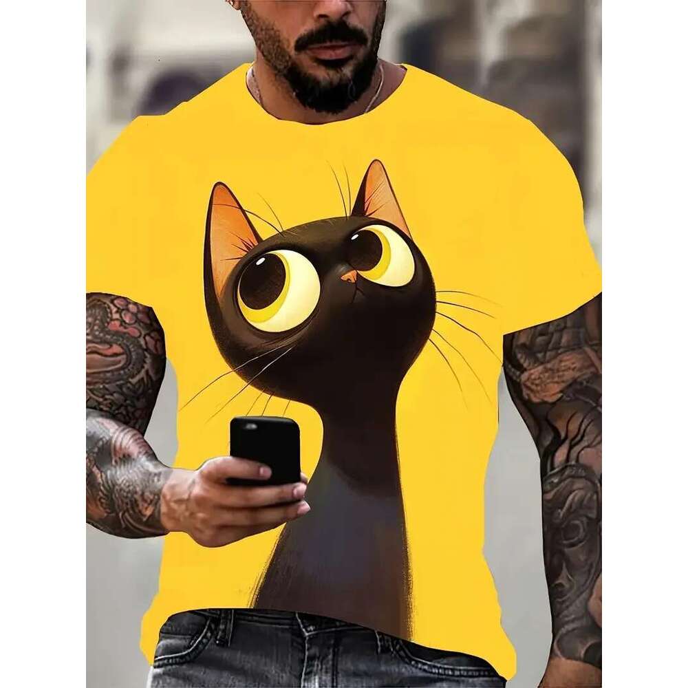 Men's Printed Cat Short Sleeve T-shirt, Casual Street Fashion, Round Neck Sweater, Men's Breathable Clothing, Summer, Funny