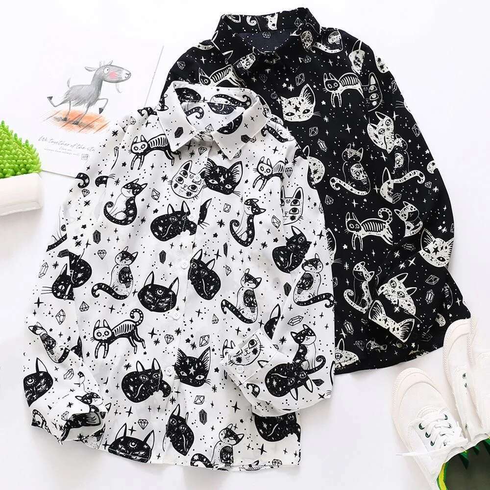 Kitty Print Shirt For Women Long Sleeve Turn-Down Collared Button Down Cute Cartoon Blouse Ladies Spring Summer Kawaii Outfit