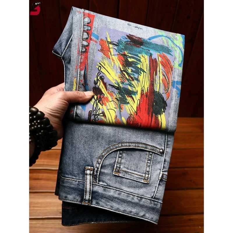 Light luxury MENS printed jeans fashion casual straight leg elastic slim fit designer washed motorcycle street denim pants X250220