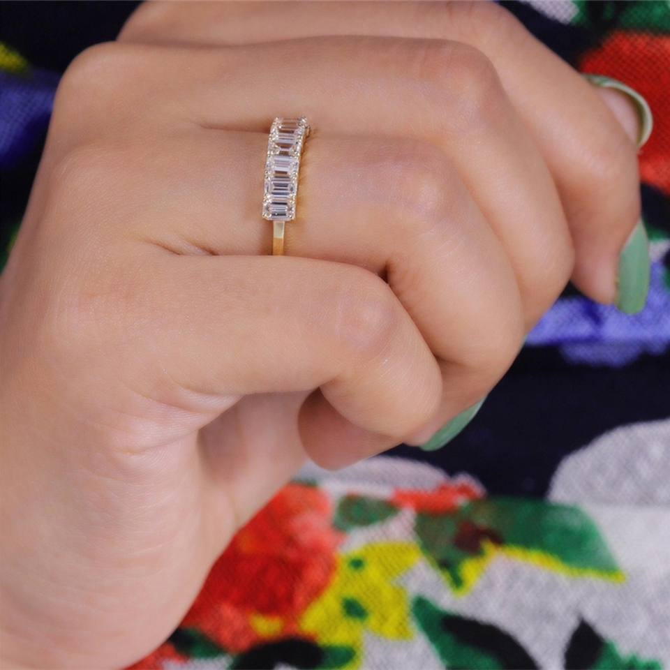 Jewelry 18K Yellow Gold 7 Stones 4*3mm Emerald Cut Lab Diamond Half Eternity Band Women Wedding Ring 14K HPHT Lab Diamond Women Ring